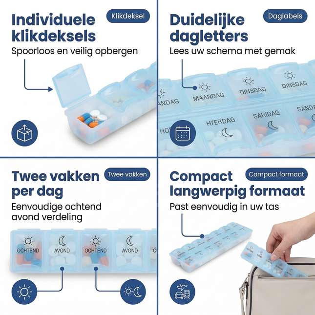 Cheqo® Pillendoos 7 Dagen - Pillendoosje 7 Dagen - Medicijndoos 7 Dagen - Medicijndoosje 7 Dagen - Pillenbox 7 Dagen - Pillen Organizer 7 Dagen - Medicijn Organizer 7 Dagen - Pillendoos Ochtend Avond