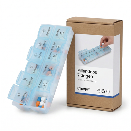 Cheqo® Pillendoos 7 Dagen - Pillendoosje 7 Dagen - Medicijndoos 7 Dagen - Medicijndoosje 7 Dagen - Pillenbox 7 Dagen - Pillen Organizer 7 Dagen - Medicijn Organizer 7 Dagen - Pillendoos Ochtend Avond