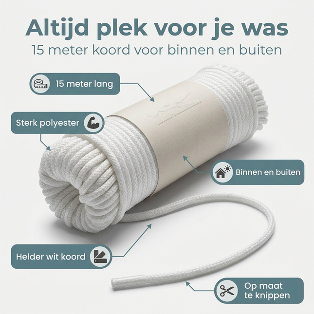 Cheqo® Waslijn - Waslijndraad - Wasdraad - Drooglijn - Kledinglijn - Waslijn Wit - Waslijndraad Wit - Wasdraad Wit - Drooglijn Wit - Waslijn Buiten - Waslijn Binnen - Waslijn Draad - Waslijn Touw - Waslijn Koord