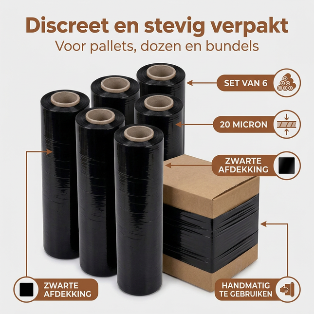 Cheqo® Handwikkelfolie Zwart - Wikkelfolie Zwart - Rekfolie Zwart - Stretchfolie Zwart - Palletfolie Zwart - Rekwikkelfolie Zwart - Sealfolie Zwart - Inpakfolie Zwart - Krimpfolie Zwart