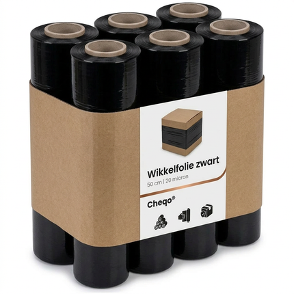 Cheqo® Handwikkelfolie Zwart - Wikkelfolie Zwart - Rekfolie Zwart - Stretchfolie Zwart - Palletfolie Zwart - Rekwikkelfolie Zwart - Sealfolie Zwart - Inpakfolie Zwart - Krimpfolie Zwart