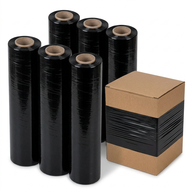 Cheqo® Handwikkelfolie Zwart - Wikkelfolie Zwart - Rekfolie Zwart - Stretchfolie Zwart - Palletfolie Zwart - Rekwikkelfolie Zwart - Sealfolie Zwart - Inpakfolie Zwart - Krimpfolie Zwart