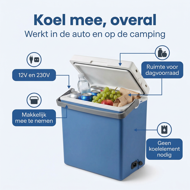 Cheqo® Elektrische Koelbox - Koelbox 12V 230V - Koelbox 12/230V - Thermo Elektrische Koelbox - Autokoelbox - Koelbox voor Auto - Koelbox voor Camping - Koelbox voor Onderweg - Koelbox Blauw Wit