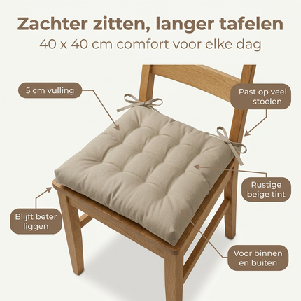 Cheqo® Stoelkussen - Zitkussen - Stoelkussen Beige - Zitkussen Beige - Zitkussen Stoel - Stoelkussen Eetkamer - Zitkussen Eetkamer - Tuinstoelkussen - Tuinstoelkussen Beige - Stoelkussen Vierkant