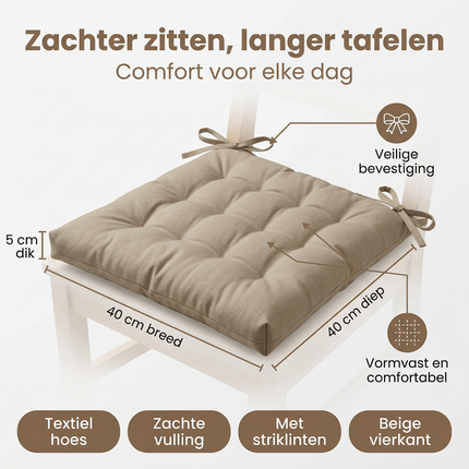 Cheqo® Stoelkussen - Zitkussen - Stoelkussen Beige - Zitkussen Beige - Zitkussen Stoel - Stoelkussen Eetkamer - Zitkussen Eetkamer - Tuinstoelkussen - Tuinstoelkussen Beige - Stoelkussen Vierkant