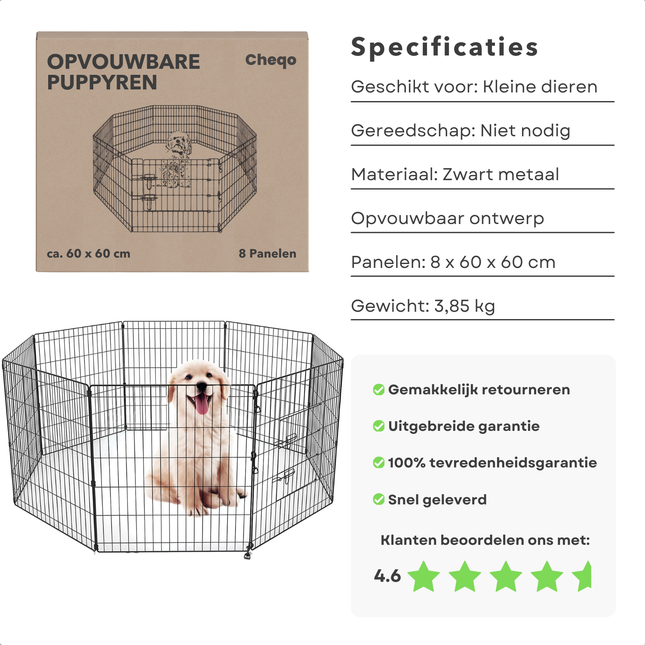 Cheqo® Hondenren - Puppyren - Opvouwbaar - Zwart Metaal - Met Deur - Ren - Ook voor Konijnen en Cavia - Ideaal voor Kleine Honden