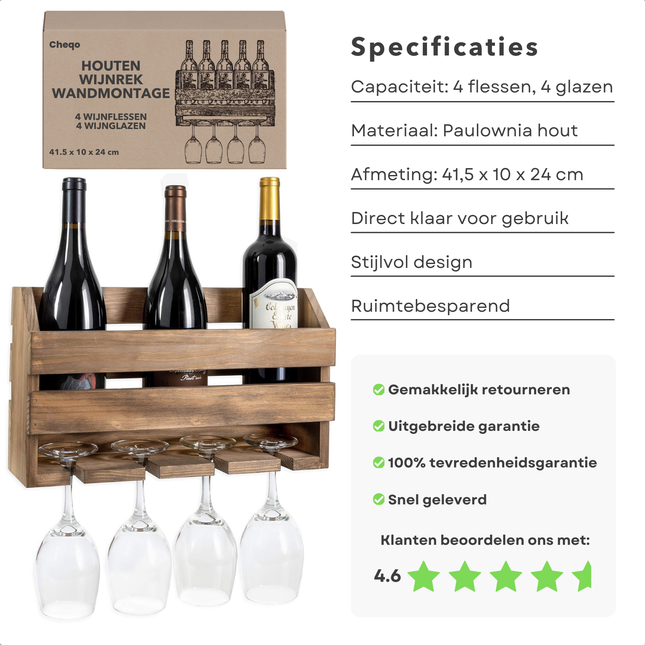 Cheqo® Houten Wijnrek Wandmontage - Flessenrek - Wijnflesrek - Wijnflessen Rek Voor 4 Flessen en Glazen - Glazenhouder - Hout - Compact Design