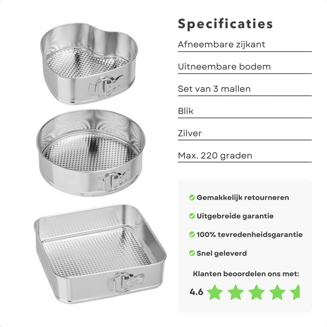 Cheqo® Springvormen Set - Bakset - Spring Vorm - Taartvormen - Taartvorm - Bakvorm Set - Bakvorm Rond ø26cm - Hart Bakvorm 23x23cm - Vierkante Bakvorm 26x26cm - Ovenbestendig - 3 Stuks Bakvormen