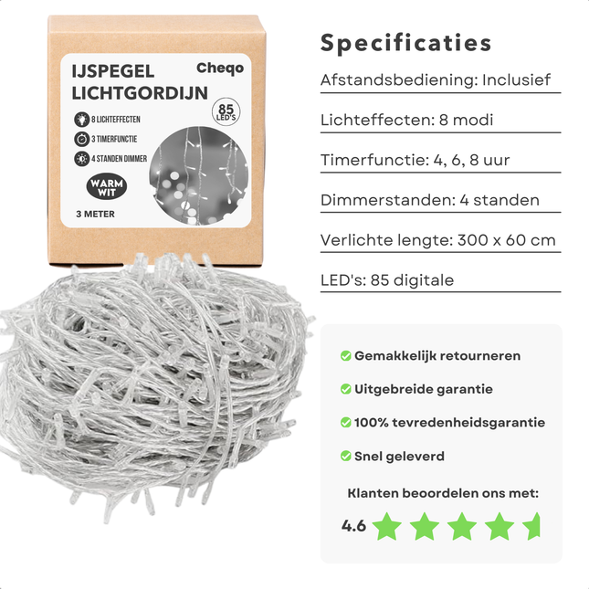 Cheqo® Ijspegel Lichtgordijn voor Buiten en Binnen - Licht Gordijn - Kerstverlichting - Kerstlampjes - Kerstboomverlichting - 300 cm - Warm Wit LED - Met Afstandsbediening - Waterdicht