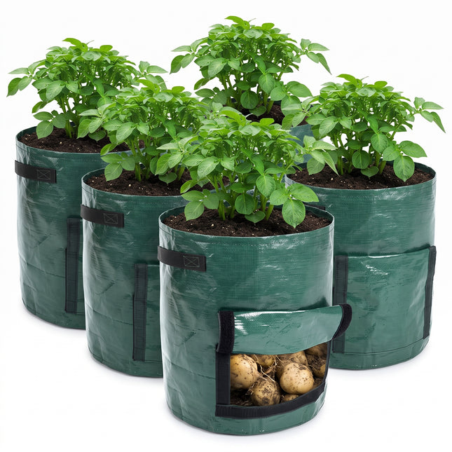 Cheqo® Kweekzakken Set van 5 - Aardappelzak met Oogstvenster - Groeizak - Plantenzak - Aardappels Kweken - Wortelzak - Moestuinzak voor Balkon en Terras - Grow Bag - Kweekpot met Handvatten - Groenten en Kruiden Zelf Kweken - Hero Studio - Fix v2 open oogstvenster