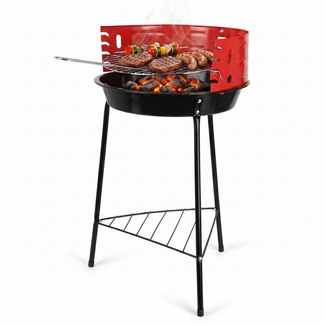 Cheqo® Houtskoolbarbecue op Poten - Staande Barbecue met Windscherm en Chromen Grillrooster - Houtskoolgrill - Halfopen BBQ voor Tuin en Balkon - Houtskool Grill - Camping Barbecue - Tuinbarbecue - Kolen BBQ - met Onderrek - Zwart