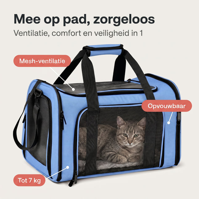 Cheqo® Draagtas Hond en Kat - Reismand Kat - Hondentas - Reistas Kat - Transporttas - Kattentas - Draagzak Hond - Opvouwbare Reistas Huisdieren - voor Kleine Honden en Katten - met Schouderriem - Geschikt voor Vliegtuig - Vervoersbox - Blauw