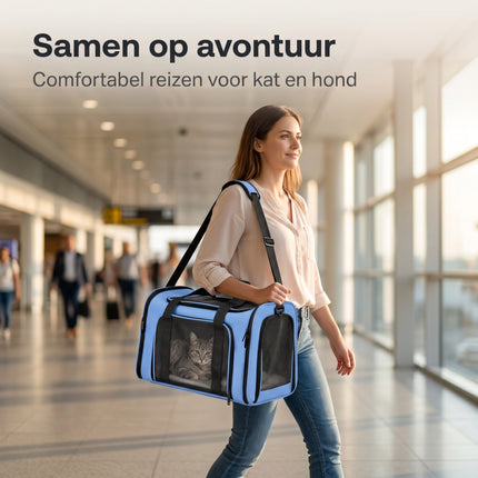 Cheqo® Draagtas Hond en Kat - Reismand Kat - Hondentas - Reistas Kat - Transporttas - Kattentas - Draagzak Hond - Opvouwbare Reistas Huisdieren - voor Kleine Honden en Katten - met Schouderriem - Geschikt voor Vliegtuig - Vervoersbox - Blauw