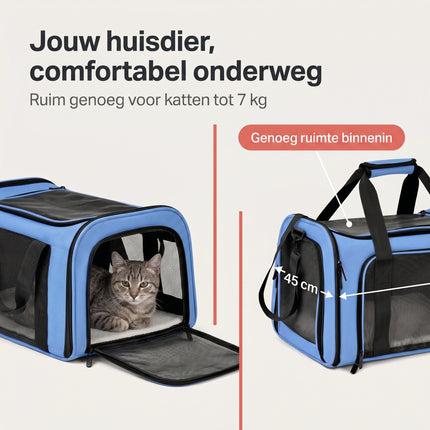 Cheqo® Draagtas Hond en Kat - Reismand Kat - Hondentas - Reistas Kat - Transporttas - Kattentas - Draagzak Hond - Opvouwbare Reistas Huisdieren - voor Kleine Honden en Katten - met Schouderriem - Geschikt voor Vliegtuig - Vervoersbox - Blauw