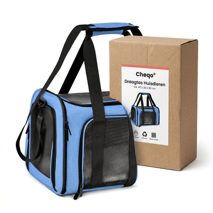 Cheqo® Draagtas Hond en Kat - Reismand Kat - Hondentas - Reistas Kat - Transporttas - Kattentas - Draagzak Hond - Opvouwbare Reistas Huisdieren - voor Kleine Honden en Katten - met Schouderriem - Geschikt voor Vliegtuig - Vervoersbox - Blauw