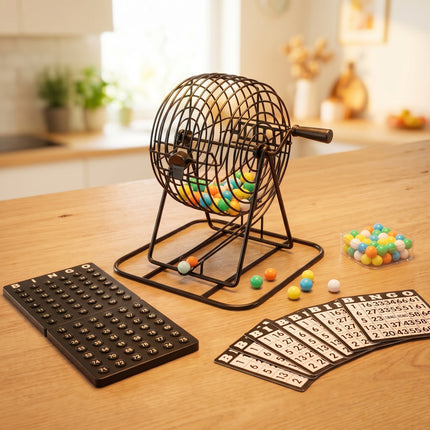 Cheqo® Bingospel - Bingo Spel - Bingomolen - Complete Set - Bingo Set met Molen - 75 Ballen - Bingoballen - Bingokaarten - Fiches - Controle Bord - Lotto Spel - Kien Spel - voor Kinderen en Volwassenen - Familie Gezelschapsspel - Feestspel - Hero alternatief