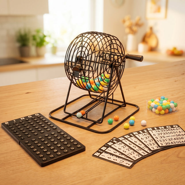 Cheqo® Bingospel - Bingo Spel - Bingomolen - Complete Set - Bingo Set met Molen - 75 Ballen - Bingoballen - Bingokaarten - Fiches - Controle Bord - Lotto Spel - Kien Spel - voor Kinderen en Volwassenen - Familie Gezelschapsspel - Feestspel - Hero alternatief