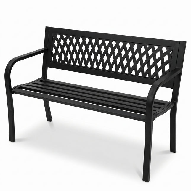 Cheqo® Tuinbank - Metalen Tuinbank - Stalen Tuinbank - Parkbank - Zitbank - Buitenbank - Balkonbank - Tuinmeubel voor 2 Personen - Tweezits - IJzeren Bank met Rugleuning en Armleuning - Weerbestendig - Zwart - Inclusief Beschermhoes