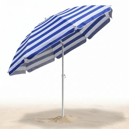 Cheqo® Strandparasol Blauw/Wit Gestreept - Knikbare en Kantelbare Parasol - Tuinparasol Verstelbaar in Hoogte - Parasol met Draagtas - UV Werende Zonwering voor Strand, Tuin, Balkon en Camping