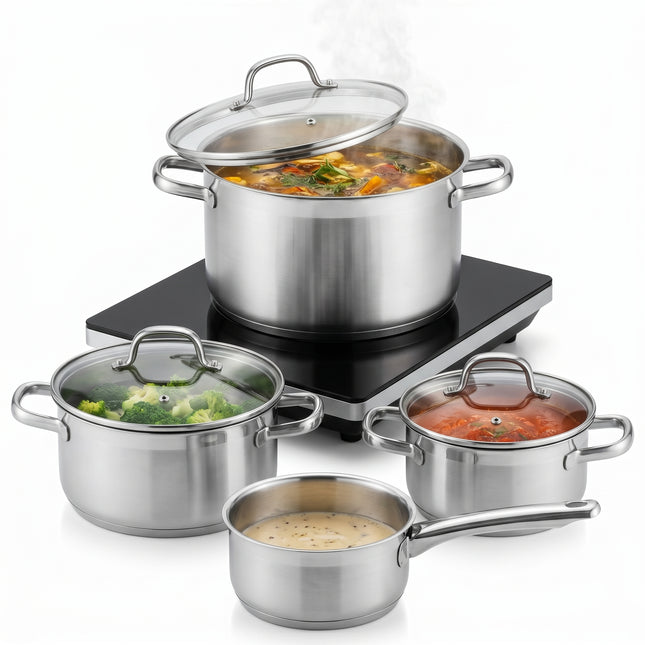 Cheqo® Pannenset Set van 7 - RVS - Kookpan met Steelpan en Glazen Deksel - Inductie - Alle Warmtebronnen - Gas - Elektrisch - Keramisch - PFAS Vrij - Kookpannen Set - Roestvrij Staal - Vaatwasserbestendig - Hero