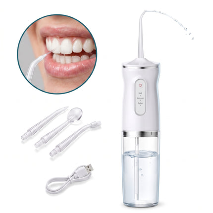 infographic-1-wit: Cheqo waterflosser monddouche elektrisch draadloos oplaadbaar flosapparaat