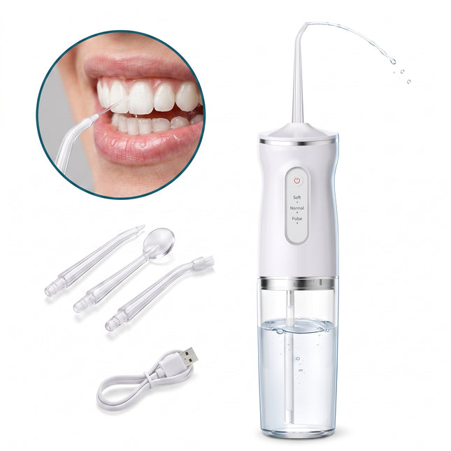 infographic-1-wit: Cheqo waterflosser monddouche elektrisch draadloos oplaadbaar flosapparaat