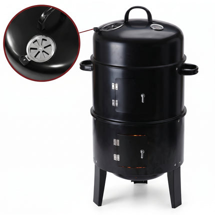 infographic-1-wit: Cheqo houtskoolbarbecue smoker rookoven 3 in 1 zwart