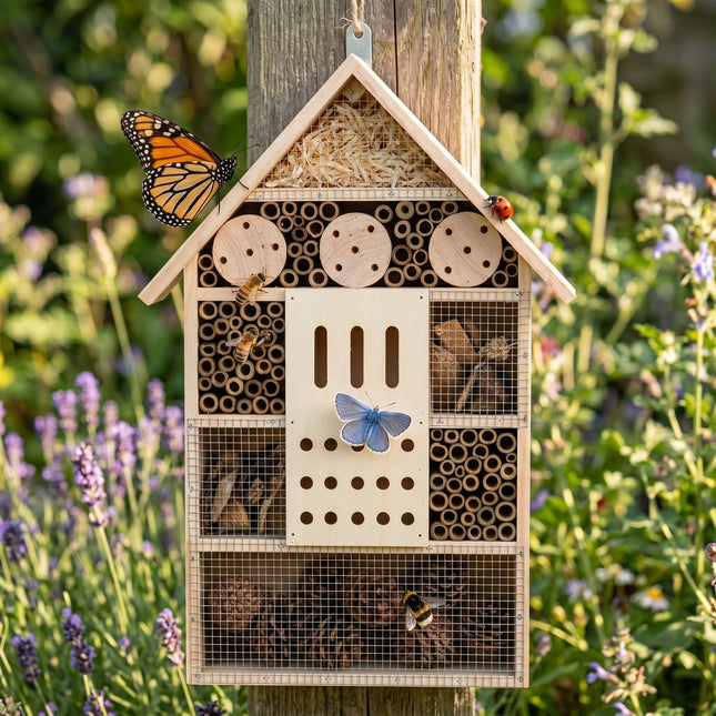 Cheqo® Insectenhotel - Bijenhotel en Insectenhuis van Hout voor Wilde Bijen en Vlinders - Vlinderhuis - Bijenhuis - Vlindertil - Nestkast voor Tuin en Balkon - Overwinteren - Tuindecoratie - Lieveheersbeestjes - Terras - Nesthulp - Hero