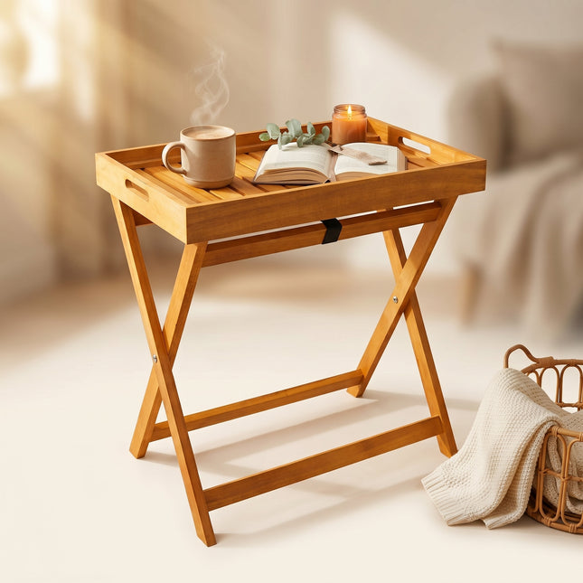Cheqo® Bijzettafel Inklapbaar met Afneembaar Dienblad - Klaptafel voor Buiten en Woonkamer - Tuin - Balkon - Terras - Kleine Houten Bijzettafeltje - Side Table - Opvouwbaar - Salontafel - Koffietafel - Campingtafel - Vouwbare Tafel