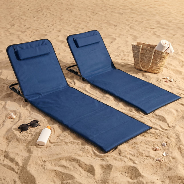 Cheqo® Strandmat Set van 2 - Opvouwbaar met Verstelbare Rugleuning - Strandstoel Inklapbaar - Ligstoel - Strandbed - Opbergvak - Hoofdkussen - Draagtas - Campingstoel - Klapstoel - Strandligstoel - Donkerblauw - Hero