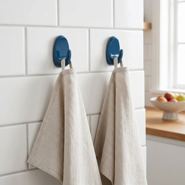 Cheqo® Theedoek Haken Set van 2 - Zelfklevend voor Keuken - Donkerblauw - Hero