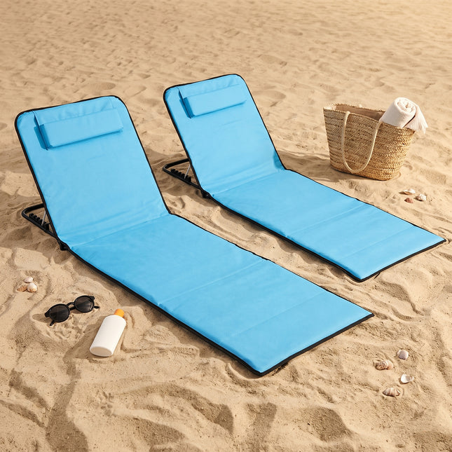 Cheqo® Strandmat Set van 2 - Opvouwbaar met Verstelbare Rugleuning - Strandstoel Inklapbaar - Ligstoel - Strandbed - Opbergvak - Hoofdkussen - Draagtas - Campingstoel - Tuinstoel - Strandstoelen - Ligmat - Ligbed - Hero