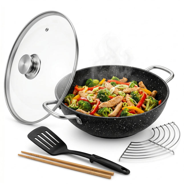 Cheqo® Wokpan Gietijzer met Glazen Deksel en Aromaknop - Hero