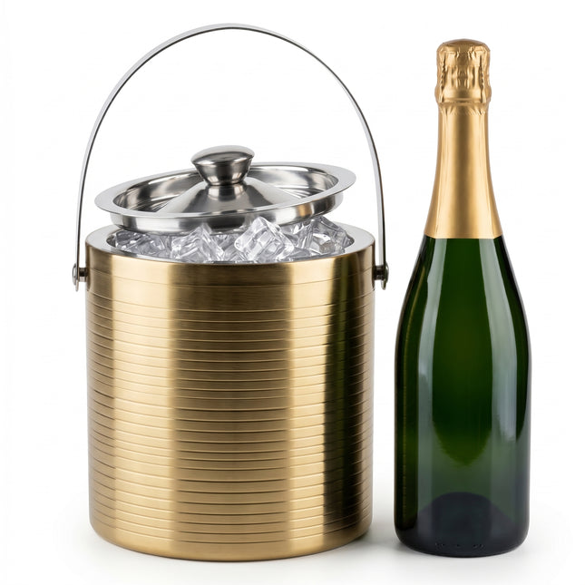 Cheqo® IJsemmer Dubbelwandig RVS - Gouden Ijsblokjesemmer met Deksel en Handvat - Wijnkoeler - Champagnekoeler - Flessenkoeler - Drankkoeler - Tang - Champagne Emmer - Koelemmer - IJskoeler - Luxe Bar Accessoire voor Wijn en Drank - Hero