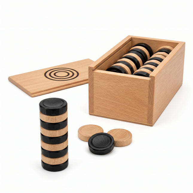 Cheqo® Damstenen in Houten Kist - Damschijven Zwart en Wit - Damspel voor Kinderen - Dammen - Denkspel - Strategiespel - Educatief Speelgoed voor Volwassenen - Gezelschapsspel - Klassiek Bordspel - Opbergkist - Familiespel - Logisch Denken