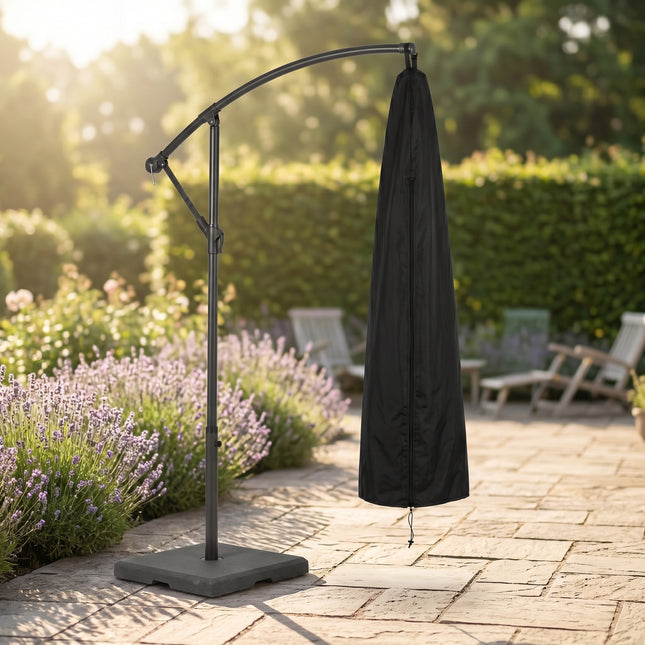 Cheqo® Zweefparasolhoes - Beschermhoes Zweefparasol - Waterdichte Parasolhoes met Rits en Trekkoord - Afdekhoes voor Boogparasol en Staande Parasol - Tuinparasol Hoes - Weerbestendig en Zonwerend - Zwart - Hero