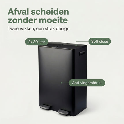 Cheqo Pedaalemmer Set van 2 - Duo Prullenbak 2x30L Mat Zwart - Benefit Map