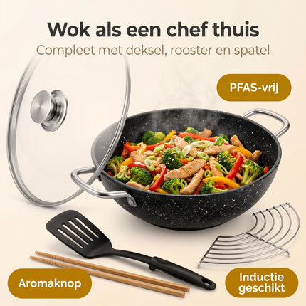 Cheqo® Wokpan Gietijzer met Glazen Deksel en Aromaknop - Benefit Map