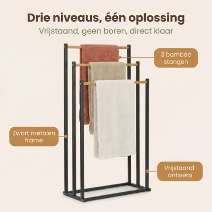 Cheqo® Handdoekrek Bamboe Zwart 45x23x85cm - Benefit Map