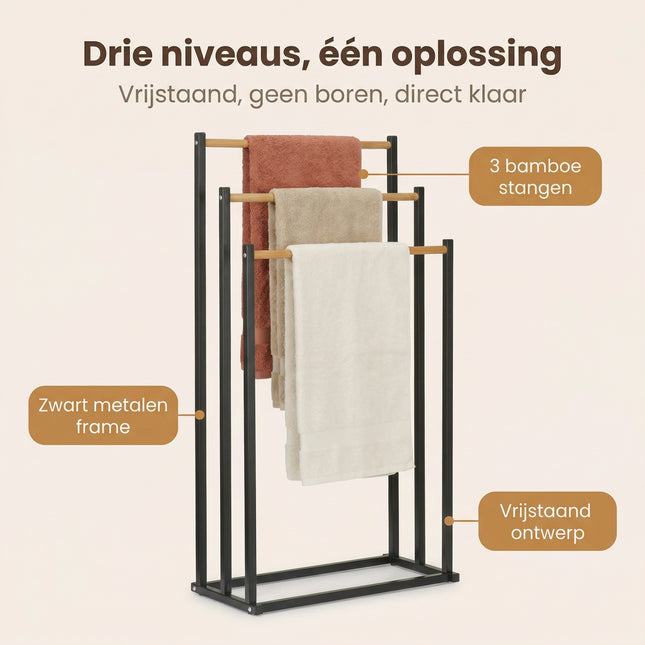 Cheqo® Handdoekrek Bamboe Zwart 45x23x85cm - Benefit Map