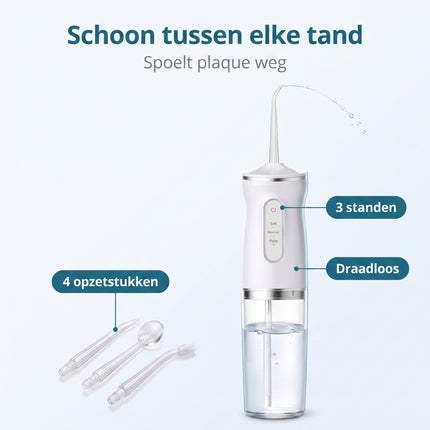infographic-2: Cheqo waterflosser monddouche elektrisch draadloos oplaadbaar flosapparaat