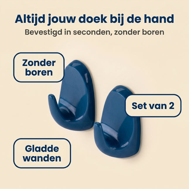 Cheqo® Theedoek Haken Set van 2 - Zelfklevend voor Keuken - Donkerblauw - Benefit Map