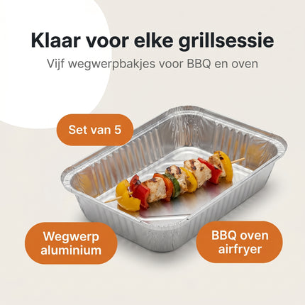 Cheqo® Grillschalen Set van 5 - BBQ Aluminium Barbecue Schalen - Wegwerpschalen - Grillbakjes - Lekbakken - Stoombakje - Oven - Airfryer - Vetopvangbakjes - Bereidingsbakjes - Aluminiumfolie Bakjes - Barbecue Accessoires