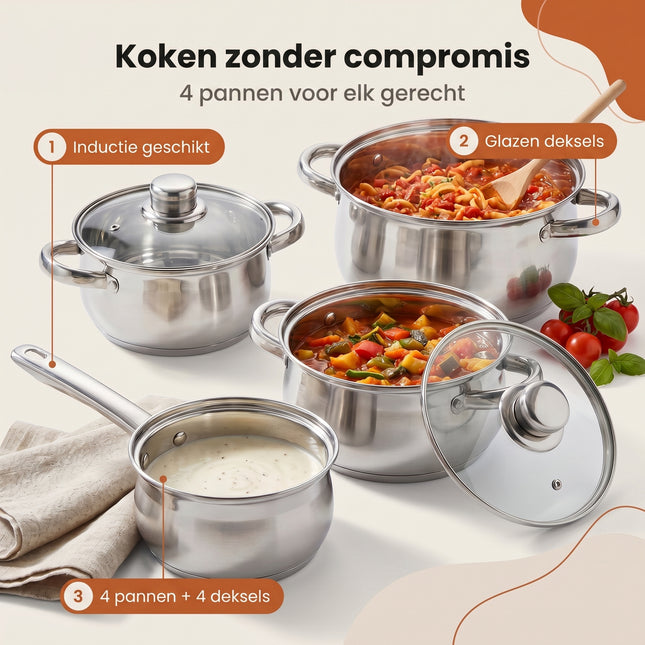 Cheqo® Pannenset Set van 8 - RVS Kookpannenset met Glazen Deksel - Inductie Pannen - Kookpan - Steelpan - Sauspan - Kookpot - Gas - Keramisch - Elektrisch - Alle Warmtebronnen - Kookgerei - Roestvrij Staal - Keuken - Pannen Set - Zilver
