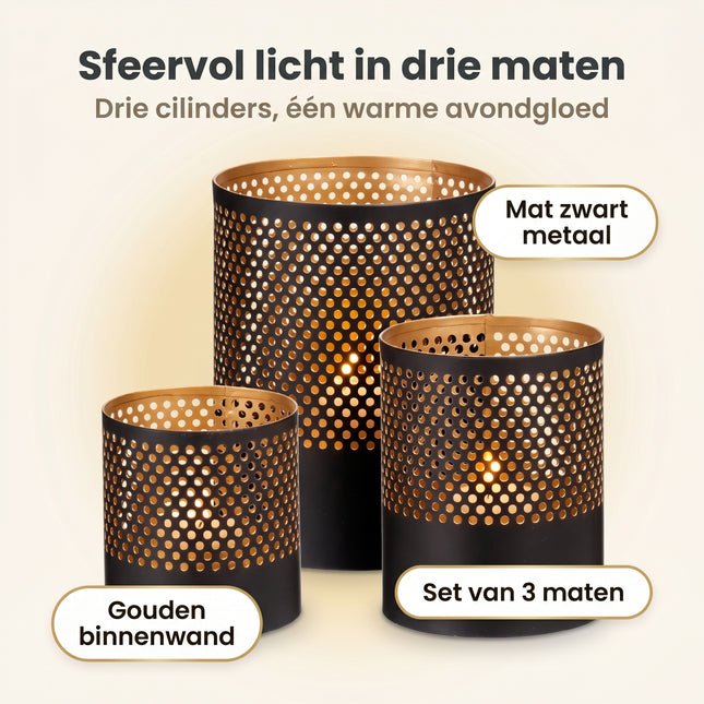 Cheqo Theelichthouders Set van 3 - Waxinelichthouders Zwart met Goud - Benefit Map