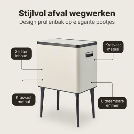 Cheqo® Prullenbak op Pootjes - Afvalbak 35 Liter - Benefit Map
