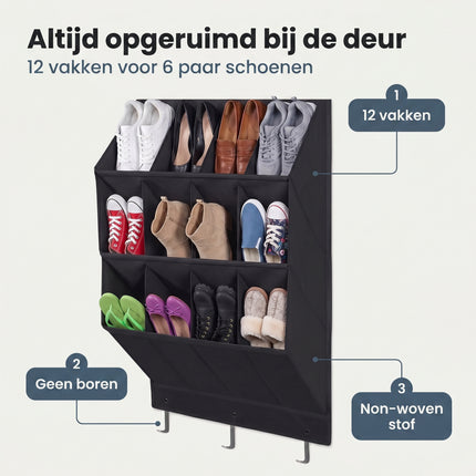 Cheqo® Schoenenorganizer Hangend voor aan de Deur - 12 vakken voor 6 paar schoenen - zwart - Benefit Map