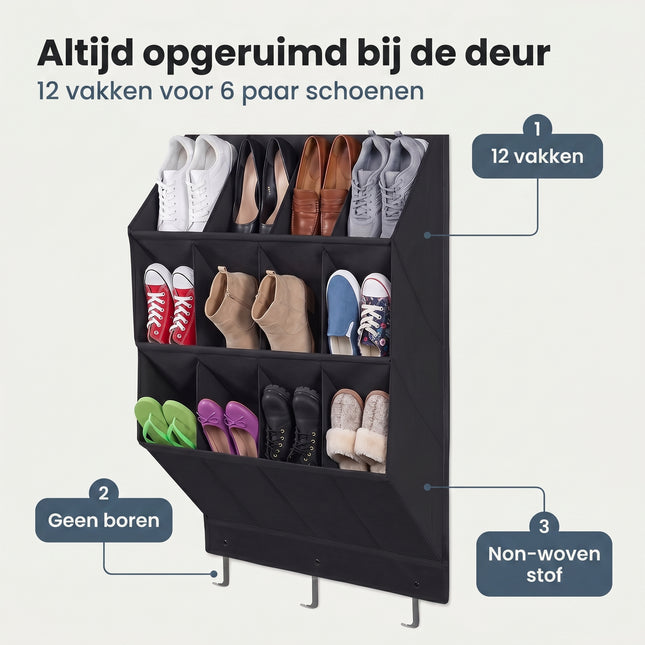 Cheqo® Schoenenorganizer Hangend voor aan de Deur - 12 vakken voor 6 paar schoenen - zwart - Benefit Map