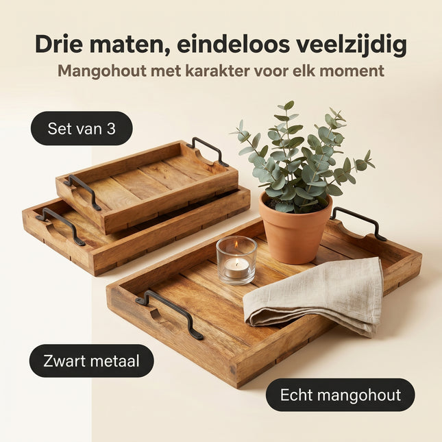 Cheqo® Dienblad Mangohout Set van 3 - Benefit Map