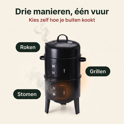 infographic-2: Cheqo houtskoolbarbecue smoker rookoven 3 in 1 zwart